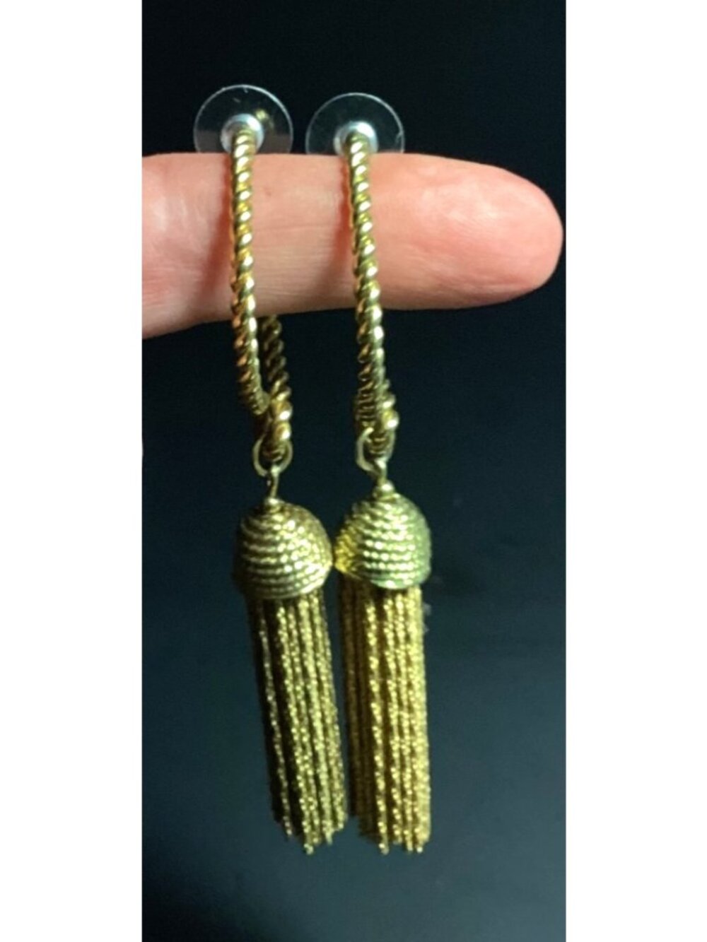 Chunky Goldtone Twisted Hoop Earrings with Chain Tassels Heavy - Picture 2 of 4